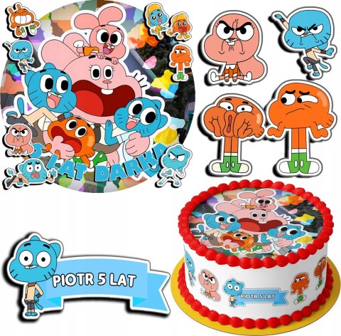 ZESTAW OPŁATEK NA TORT 20CM + 17 POSTACI - GUMBALL + IMIĘ 15CM 18CM