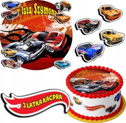 ZESTAW OPŁATEK NA TORT 20CM + 17 POSTACI - HOT WHEELS + IMIĘ 15CM 18CM