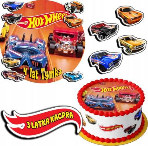 ZESTAW OPŁATEK NA TORT 20CM + 17 POSTACI - HOT WHEELS + IMIĘ 15CM 18CM