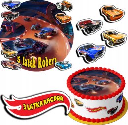 ZESTAW OPŁATEK NA TORT 20CM + 17 POSTACI - HOT WHEELS + IMIĘ 15CM 18CM