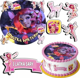 ZESTAW OPŁATEK NA TORT 20CM + 17 POSTACI - MIA I JA + IMIĘ 15CM 18CM