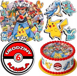 ZESTAW OPŁATEK NA TORT 20CM + 17 POSTACI - POKEMON + IMIĘ 15CM 18CM