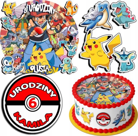 ZESTAW OPŁATEK NA TORT 20CM + 17 POSTACI - POKEMON + IMIĘ 15CM 18CM