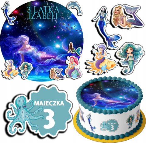 ZESTAW OPŁATEK NA TORT 20CM + 17 POSTACI - SYRENKA + IMIĘ 15CM 18CM ZESTAW OPŁATEK NA TORT 20CM + 17 POSTACI - SYRENKA + IMIĘ 15CM 18CM