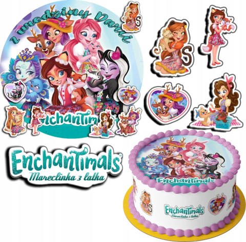 ZESTAW OPŁATEK NA TORT 20CM + 17 POSTACI - ENCHANTIMALS + IMIĘ 15CM 18CM