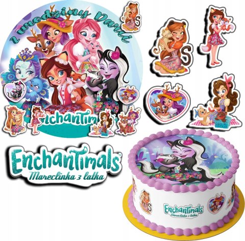 ZESTAW OPŁATEK NA TORT 20CM + 17 POSTACI - ENCHANTIMALS + IMIĘ 15CM 18CM