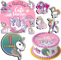 ZESTAW OPŁATEK NA TORT 20CM + 17 POSTACI - JEDNOROŻEC + IMIĘ 15CM 18CM