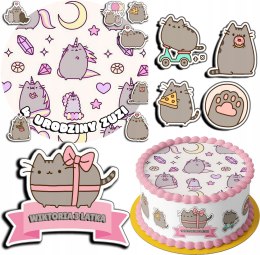 ZESTAW OPŁATEK NA TORT 20CM + 17 POSTACI - PUSZIN KOTEK + IMIĘ 15CM 18CM