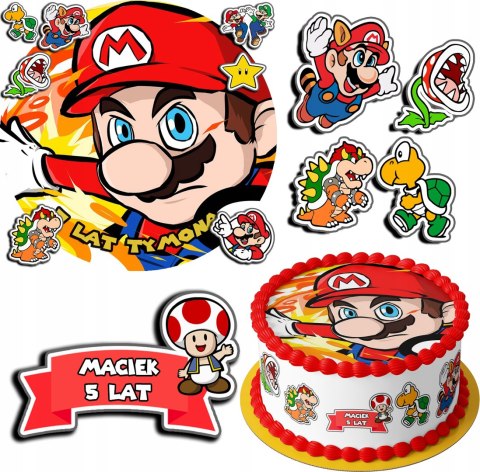 ZESTAW OPŁATEK NA TORT 20CM + 17 POSTACI - SUPER MARIO BRO + IMIĘ 15CM 18CM