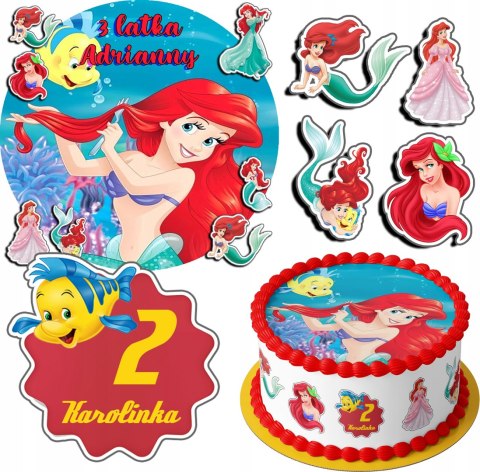 ZESTAW OPŁATEK NA TORT 20CM + 17 POSTACI - SYRENKA ARIEL + IMIĘ 15CM 18CM
