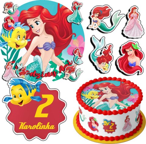 ZESTAW OPŁATEK NA TORT 20CM + 17 POSTACI - SYRENKA ARIEL + IMIĘ 15CM 18CM ZESTAW OPŁATEK NA TORT 20CM + 17 POSTACI - SYRENKA ARIEL + IMIĘ 15CM 18CM