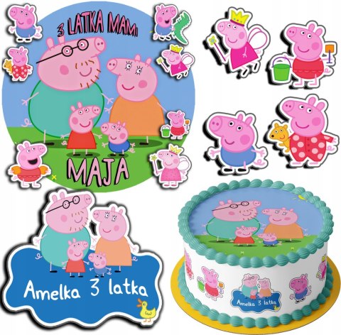 ZESTAW OPŁATEK NA TORT 20CM + 17 POSTACI - ŚWINKA PEPPA + IMIĘ 15CM 18CM ZESTAW OPŁATEK NA TORT 20CM + 17 POSTACI - ŚWINKA PEPPA + IMIĘ 15CM 18CM