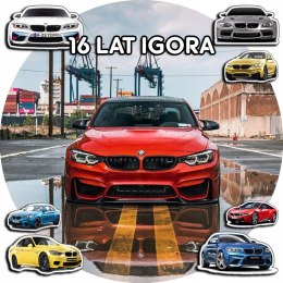 OPŁATEK NA TORT 20CM - SAMOCHODY AUTA BMW + IMIĘ + GRATIS! 15CM 18CM