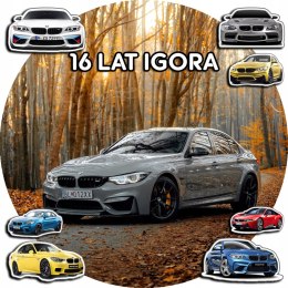 OPŁATEK NA TORT 20CM - SAMOCHODY AUTA BMW + IMIĘ + GRATIS! 15CM 18CM
