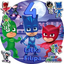 OPŁATEK NA TORT 20CM - PIDŻAMERSI PJMASKS + IMIĘ + GRATIS! 15CM 18CM